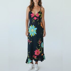 Vtg XOXOXO Black Floral Prom Baby Doll Maxi Dress Fairy Coquette Tiered Sz L Y2K